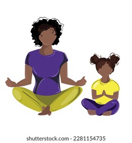 African American Mother and daughter doing yoga together in lotus position.Young woman meditating with her child vector illustration isolated on white background.Kids yoga. family yoga.