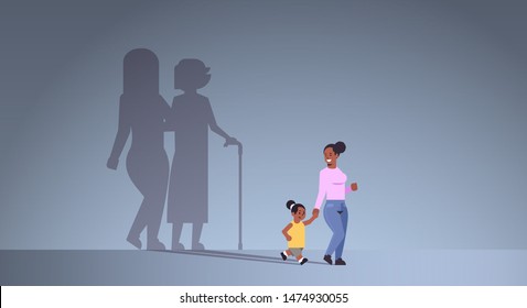 African American Mother With Daughter Holding Hands Shadow Of Young And Mature Woman Standing Together Imagination Aspiration Concept Full Length Flat Horizontal