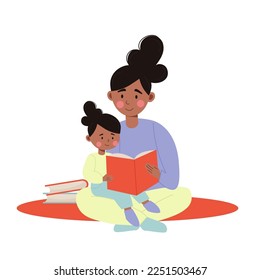 African American mother and daughter reading a book together. Vector illustration