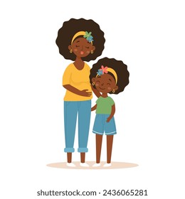 African American mother and daughter together. Happy family. Vector illustration.