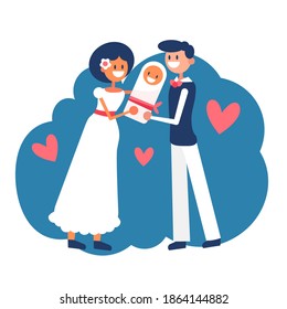 African american mother and father holding their happy baby and smiling. Newborn wrapped in a blanket. Concept for parenthood, fatherhood,motherhood, love or family. Flat isolated stock illustration.