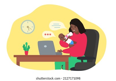 african american mother freelancer working from home using laptop holding baby vector illustration