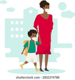 African American mother with her school children wearing mask.