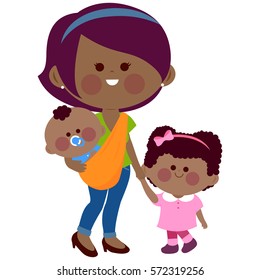 African American mother holding her children. Vector illustration