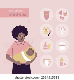 African american mother holding newborn. Set of different accessories for infants. Bag of mother, clothes for children, nappy or diaper, bottle, rattle. Baby care, maternity. flat vector illustration