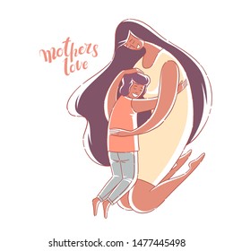African American mother hugs son. Mother's love. Hand drawn style vector design illustrations.