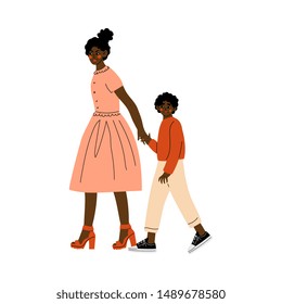 African American Mother Leading Her Son by Hand Vector Illustration