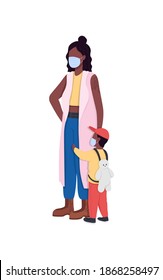 African american mother and son wearing masks flat color vector faceless characters. Epidemic precaution. Lifestyle during pandemic isolated cartoon illustration for web graphic design and animation