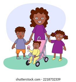 African American Mother With Three Children. Woman Holding Hands Of Her Older Kids And Pushing A Stroller With A Younger Child