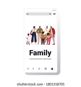 african american multi generation family happy grandparents parents and children standing together full length smartphone screen copy space vector illustration