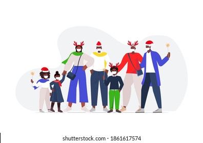 african american multi generation family in santa hats wearing masks to prevent coronavirus pandemic new year christmas holidays celebration concept horizontal full length vector illustration