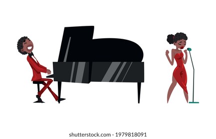 African American Musicians Singing and Playing Grand Piano Cartoon Vector Illustration