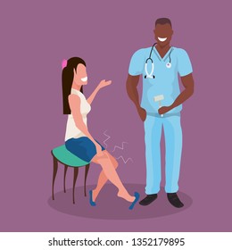 african american neurologist testing knee reflex on female patient doctor with stethoscope using hummer medicine healthcare concept cartoon characters full length flat