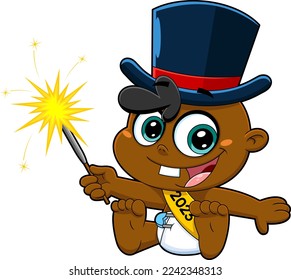 African American New Year Baby Cartoon Character With Top Hat Holding A Sparkler. Vector Hand Drawn Illustration Isolated On Transparent Background