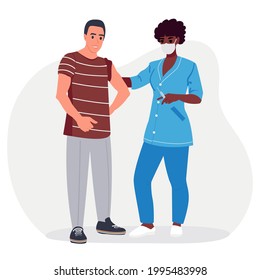 An African American nurse gives a COVID-19 injection to a young man. Coronavirus vaccine health concept. Flat vector isolated illustration.