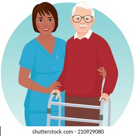 African American nurse helps elderly patient with a walker/Nurse helps elderly patient/African American nurse helps elderly patient hospital