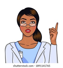 African American nurse isolated on white background. Female hospital worker smiling and pointing up with hand, pop art vector illustration