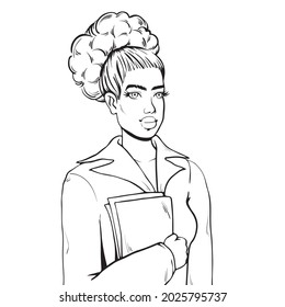 African american nurse line art isolated on white background. Female hospital worker with afro hairstyle holding documents folder, black and white hand drawn vector illustration