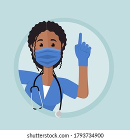African american nurse peeks around the corner with a raised finger. Nurse calls for attention.