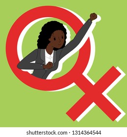 An african american office lady post like superhero on woman symbol. For International Woman's Day.