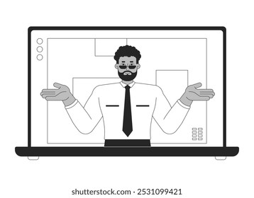 Gerente de escritório afro-americano notebook tela preto e branco objeto de linha 2D. Chefe corporativo hospedagem online reunião bloco de anotações isolado clip art vetor item outline. Ilustração de ponto monocromático