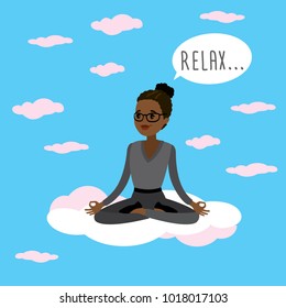 African american Office worker or businesswoman relaxes and meditates in the lotus position on clouds, flat vector illustration