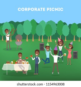 African american office workers having fun at the corporate bbq party. People cooking meat, drinking beer and eating watermelon. Barbeque picnic. Flat vector illustration