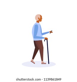 african american old man walking stick using smartphone elderly grandfather walk isolated cartoon character full length flat vector illustration