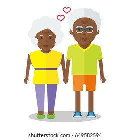 African american old man and old woman in love. Elderly people walking. Holding hands couple. Love in the family. Healthy lifestyle. Objects isolated on a white background. Flat vector illustration.
