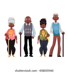 African American old men and woman cartoon style vector illustration isolated on white background. Set of full length male and female portraits of black senior citizens pensioners elder people