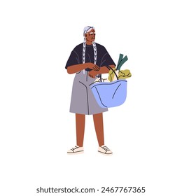 Anciana afroamericana lleva una bolsa de verduras en las manos después de comprar. Elegante traje gris con traje moderno. Moda senior con coletas de pie. Ilustración vectorial plana aislada sobre blanco