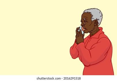 African American Old Woman Suffering From Depression Alone, Crying, Wiping Tears With Handkerchief, Despair, Sad Expression Of Elderly Concept. Vector Illustration, Art, Line, Isolated On Background.