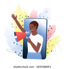 An African American opinion leader speaks from his smartphone via a megaphone about a product he likes. The concept of attracting new customers through referral marketing. Flat vector.