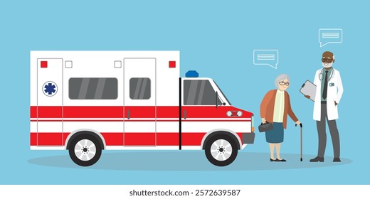 African american paramedic worker and caucasian aged woman near ambulance car, modern emergency auto. First aid, healthcare. flat vector illustration