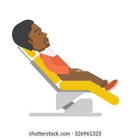 An African American patient sitting in the dental chair vector flat design illustration isolated on white background. Square layout.