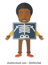 An African American patient with x-ray screen showing his skeleton vector flat design illustration isolated on white background. Vertical poster layout.