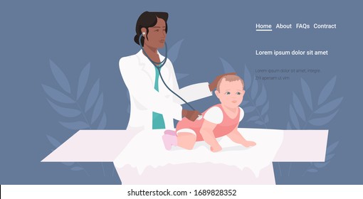 african american pediatrician doctor examines baby checking heart beat with stethoscope medical consultation medicine healthcare concept horizontal copy space vector illustration