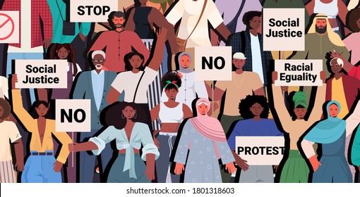 African American People Activists Holding Stop Rasism Posters Racial Equality Social Justice Stop Discrimination Concept Portrait Horizontal Vector Illustration