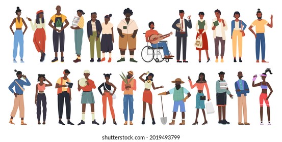 African american people community, diversity group vector illustration set. Cartoon young or old, male female character wearing casual clothes, different hairstyle standing together isolated on white