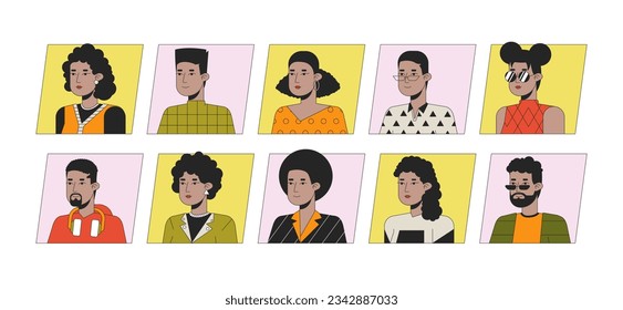 African american people flat color cartoon avatar icons bundle. Editable 2D user portraits linear illustrations. Isolated vector face profile cliparts. Userpic collection, people head and shoulders