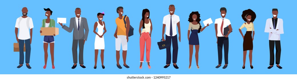 african american people group different occupation set men women employees workers male female cartoon character horizontal banner flat vector illustration