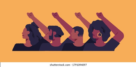 African american people group with hands up in protest march or social isssues event. Diverse men and women characters fighting for justice and police discrimination. 