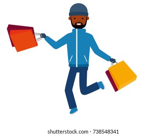 African American people. The guy with the shopping jumping of joy. Isolated against white background. Vector illustration. Cartoon flat style.