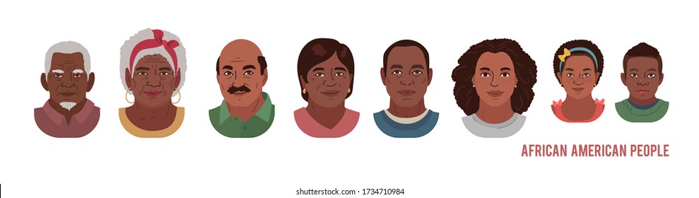 African American People Head Avatar Set. Different Characters. Man Woman and Children Portrait Cartoon Illustration. Children Adult and Older people Faces. Vector Illustration