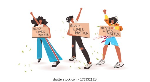 african american people holding black lives matter banner campaign against racial discrimination of dark skin color social problems of racism full length horizontal vector illustration