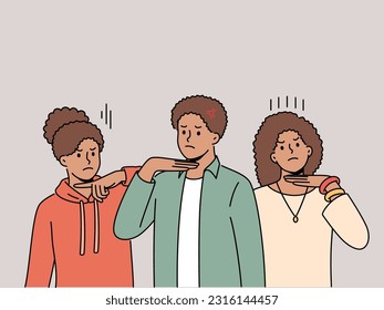 African american people make gesture of knife at throat in protest against discrimination and racism in society. Ethnic teenagers demonstrate indignation at discrimination for national minorities