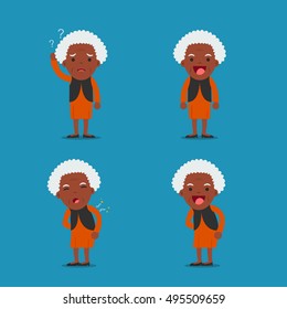 African American People, Old Lady. Grandma In 4 Different Poses. Vector Isolated Illustration. Cartoon Character.