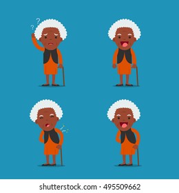 African American People, Old Lady. Grandma In 4 Different Poses. Vector Isolated Illustration. Cartoon Character.