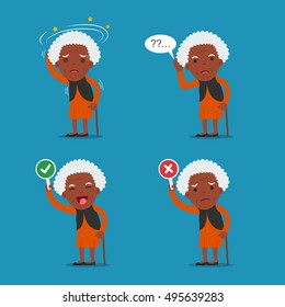 African American People, Old Lady. Grandma In 4 Different Poses. Vector Isolated Illustration. Cartoon Character.