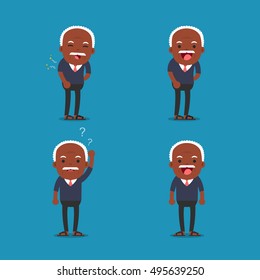 African American People, Old Man. Grandpa In 4 Different Poses. Vector Isolated Illustration. Cartoon Character.